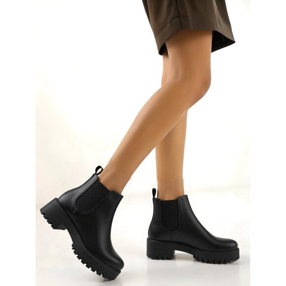 Girls Black Pull-On Fall Chelsea Boots Water-Resistant PU Ankle Heel Boots - Picture 7 of 7